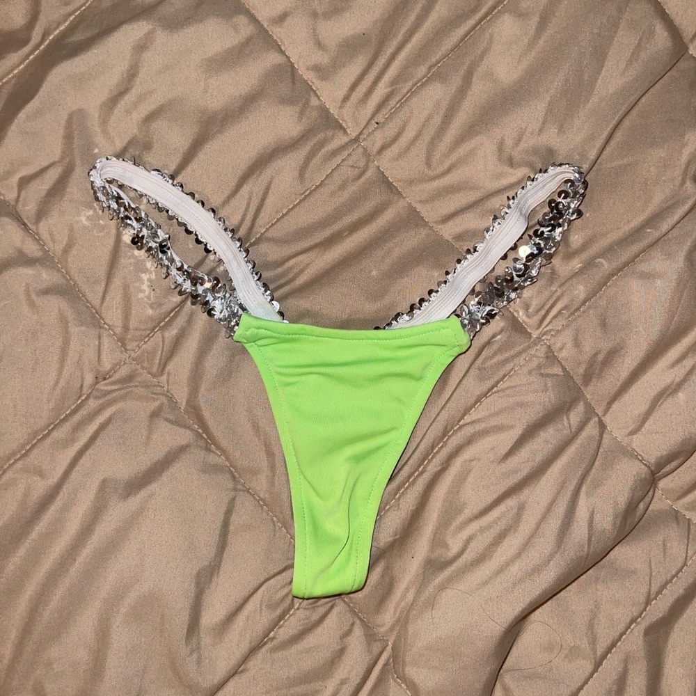neon green sequin strap thong